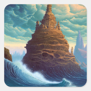 Surreal Landscape Towering City Fantasy Art Square Sticker
