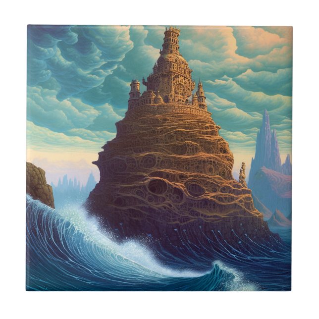 Surreal Landscape Towering City Fantasy Art Tile (Front)