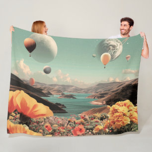 Surreal Landscape with Air Balloons and Moon Fleece Blanket