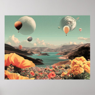 Surreal Landscape with Air Balloons and Moon Poster