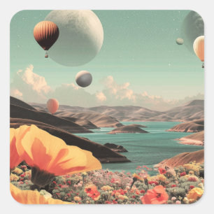 Surreal Landscape with Air Balloons and Moon Square Sticker