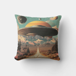 Surreal Landscape with Road, UFO and Saturn  Cushion
