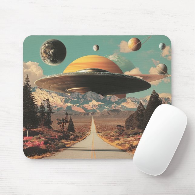 Surreal Landscape with Road, UFO and Saturn  Mouse Mat (With Mouse)