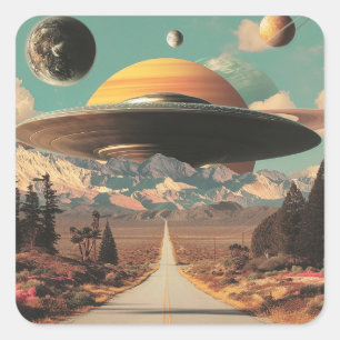 Surreal Landscape with Road, UFO and Saturn  Square Sticker