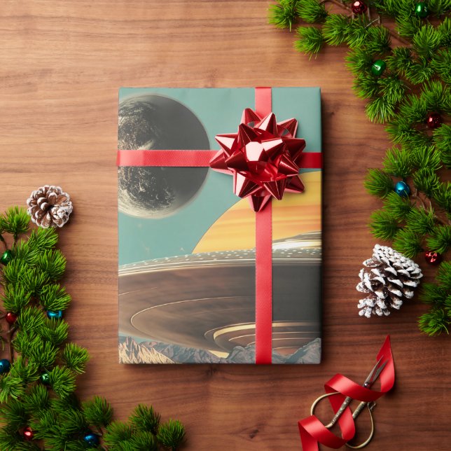 Surreal Landscape with Road, UFO and Saturn  Wrapping Paper (Holiday Gift)