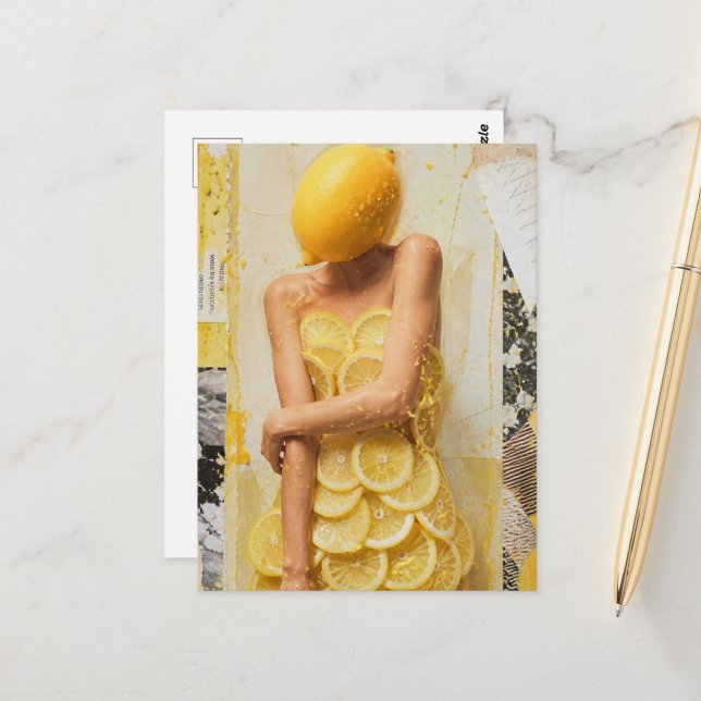Surreal Lemon Lady Collage Postcard (Front/Back In Situ)