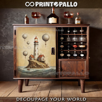 Surreal lighthouse with air balloons on parchment  tissue paper