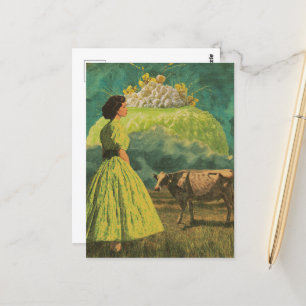 Surreal Lime Desert Dairy Pasture Woman and Cow Postcard