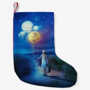 Surreal Little Girl Leaving Home for Other Worlds Small Christmas Stocking