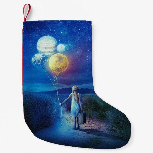 Surreal Little Girl Leaving Home for Other Worlds Small Christmas Stocking (Front)
