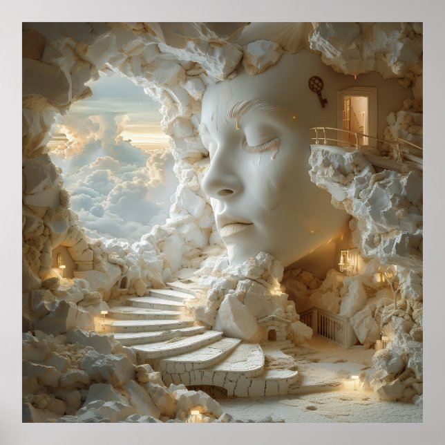 Surreal Marble Head Interior Dreamscape Stairway Poster (Front)