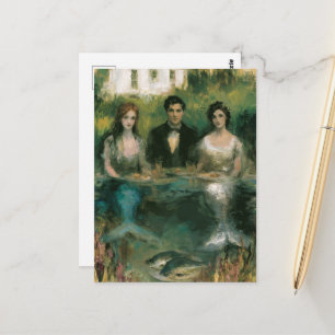 Surreal Mermaids and a Man at Dinner Painting Postcard