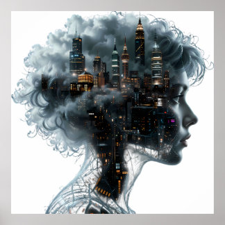 Surreal Mindscape: City within a Woman's Head Poster