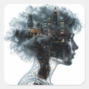 Surreal Mindscape: City within a Woman's Head Square Sticker