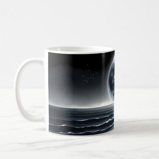 Surreal Moonrise Over Tranquil Ocean Shore Coffee Mug (Left)