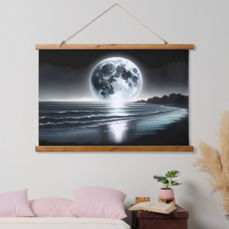 Surreal Moonrise Over Tranquil Ocean Shore Hanging Tapestry