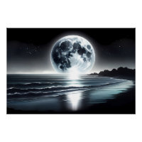 Surreal Moonrise Over Tranquil Ocean Shore