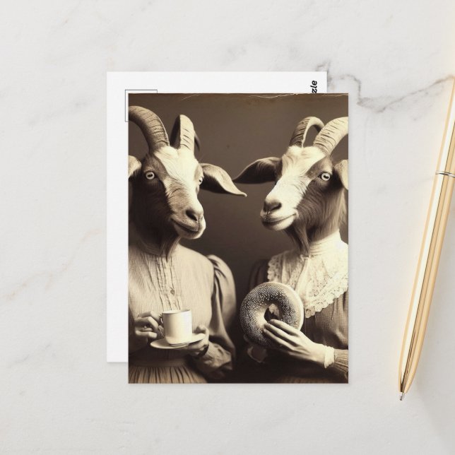 Surreal Morning Coffee and Bagel Goat Women Postcard (Front/Back In Situ)