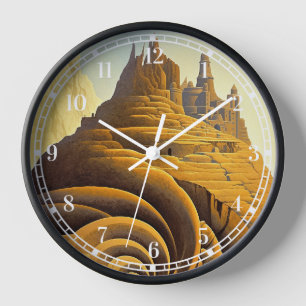Surreal Mountain City Fantasy Art Clock