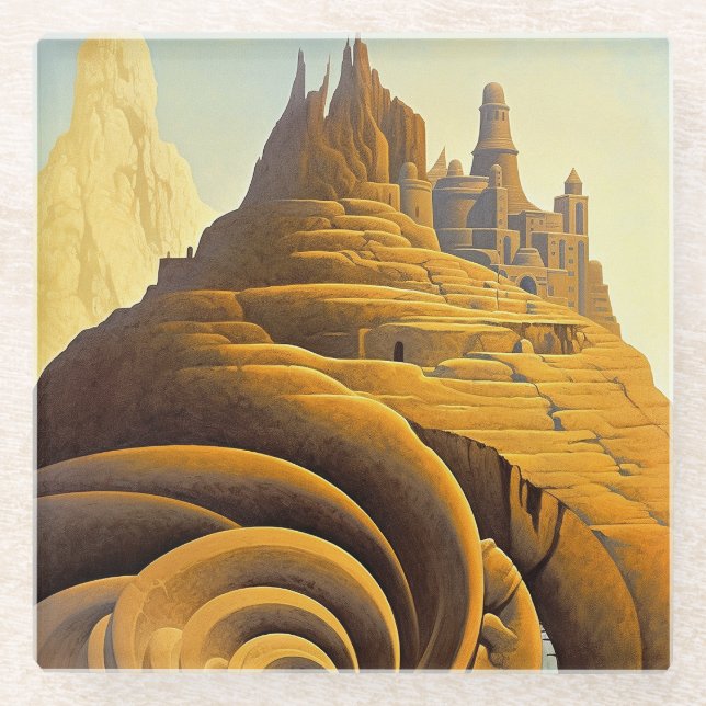 Surreal Mountain City Fantasy Art Glass Coaster (Front)