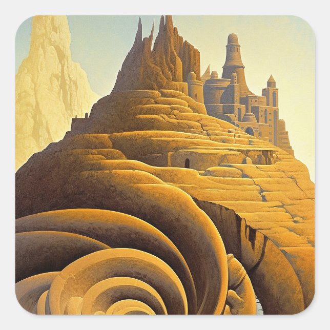 Surreal Mountain City Fantasy Art Square Sticker (Front)
