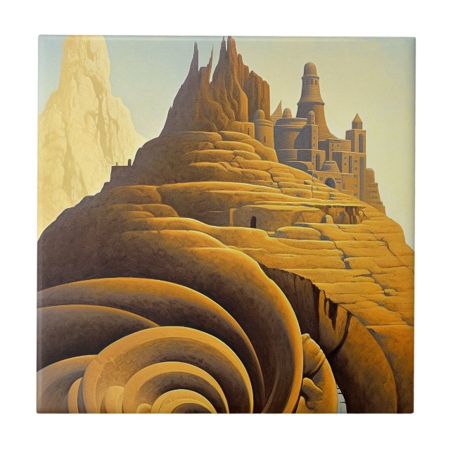 Surreal Mountain City Fantasy Art Tile (Front)