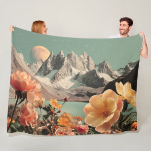 Surreal Mountain Landscape With Blooming Flowers Fleece Blanket