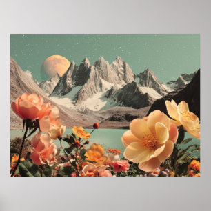 Surreal Mountain Landscape With Blooming Flowers Poster