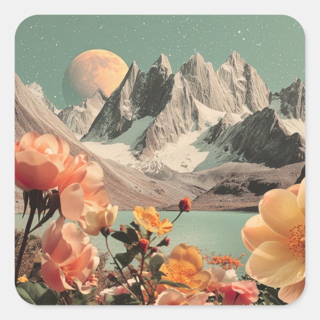 Surreal Mountain Landscape With Blooming Flowers Square Sticker (Front)