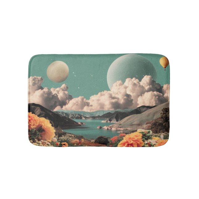 Surreal Mountain Landscape with Planets and Clouds Bath Mat (Front)