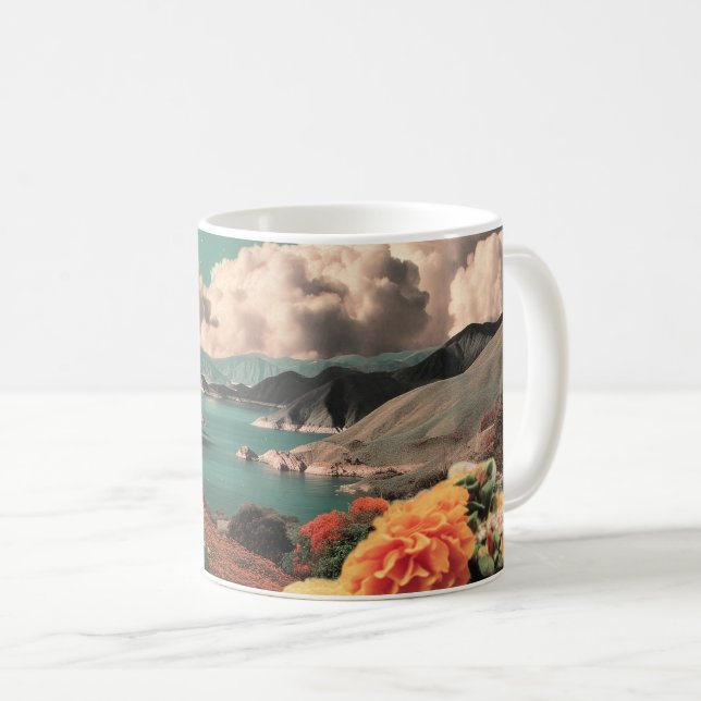 Surreal Mountain Landscape with Planets and Clouds Coffee Mug (Front Right)