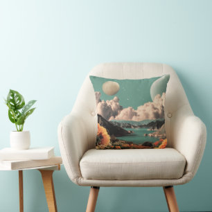 Surreal Mountain Landscape with Planets and Clouds Cushion
