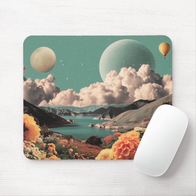 Surreal Mountain Landscape with Planets and Clouds Mouse Mat (With Mouse)