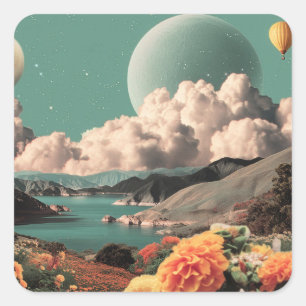 Surreal Mountain Landscape with Planets and Clouds Square Sticker