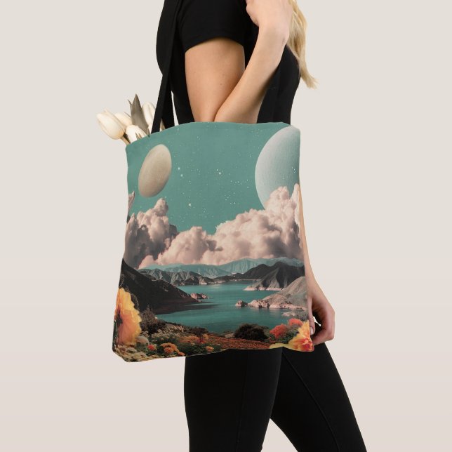 Surreal Mountain Landscape with Planets and Clouds Tote Bag (Close Up)