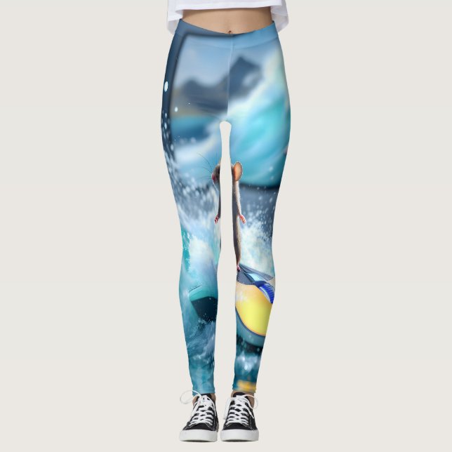 Surreal Mouse Surfing Digital Waves – Whimsical Te Leggings (Front)