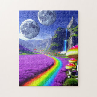 Surreal mushrooms on distant planet with 2 moons jigsaw puzzle