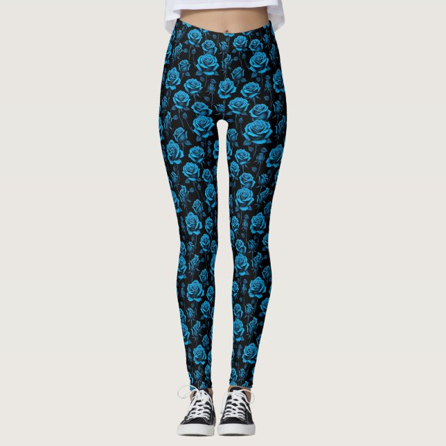Surreal Neon Blue Roses Leggings (Front)