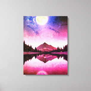 Surreal night landscape mountains under moon canvas print