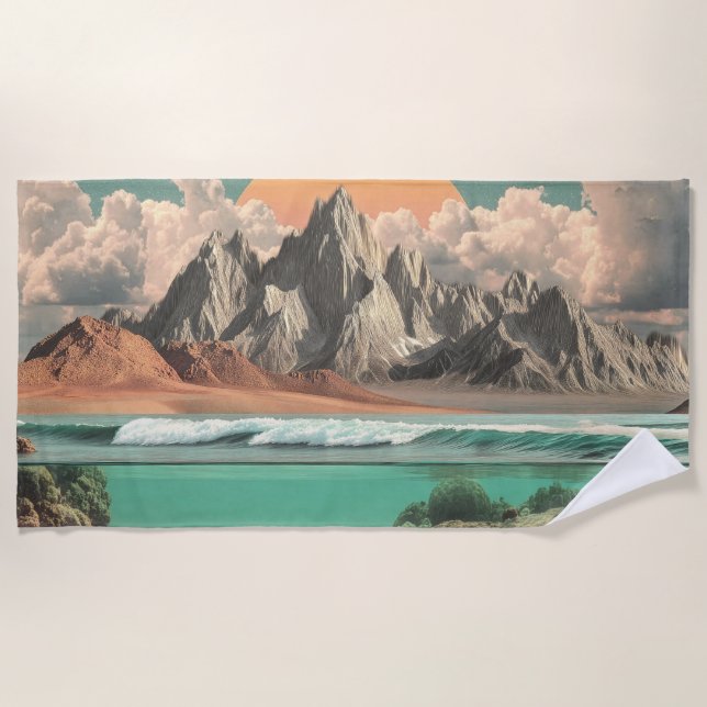 Surreal Ocean and Mountain Landscape with Waves Beach Towel (Front)