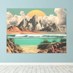 Surreal Ocean and Mountain Landscape with Waves Canvas Print