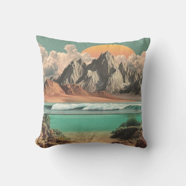 Surreal Ocean and Mountain Landscape with Waves Cushion (Front)