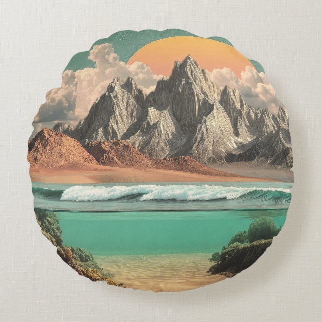 Surreal Ocean and Mountain Landscape with Waves Round Cushion (Front)