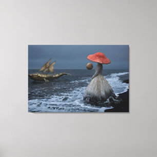  Surreal Ocean Dream: The Golden Whale and Mushroo Canvas Print