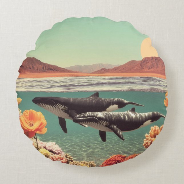 Surreal Ocean Scene With Whales And Coral Round Cushion (Front)
