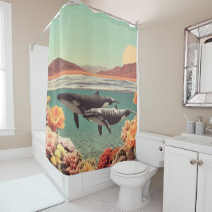 Surreal Ocean Scene With Whales And Coral Shower Curtain