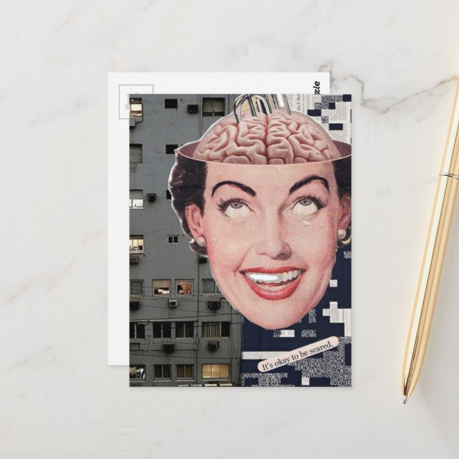surreal ok to be scared woman collage postcard (Front/Back In Situ)