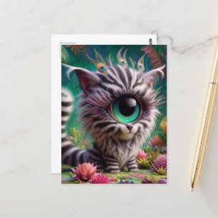 Surreal One Eyed Zebra Kitty Peacock Eyelashes Postcard