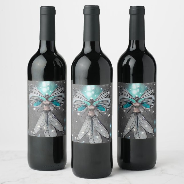 Surreal Painted Teal Lights Fairy Wine Label (Bottles)