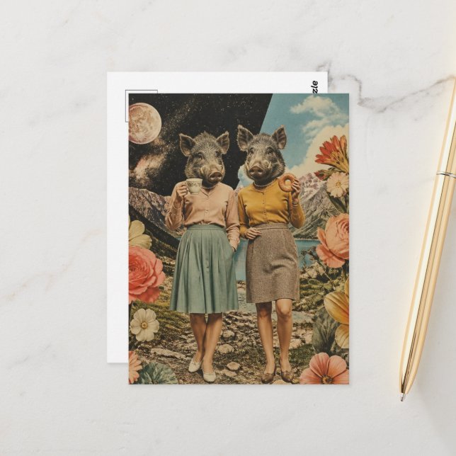 Surreal pair of pig ladies breakfast collage postcard (Front/Back In Situ)